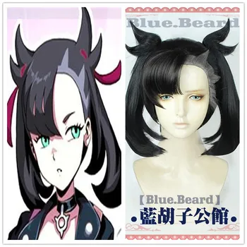 

Anime Game Sword/Shield Cosplay Hero Marnie Wig High-temperature Fiber Black Hair With Two Ponytails+free hair cap