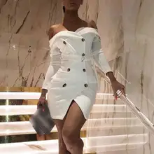 Женские вечерние платья для офиса, сексуальное Белое Облегающее Платье с пуговицами на груди, платье с открытыми плечами, элегантное облегающее платье с длинным рукавом