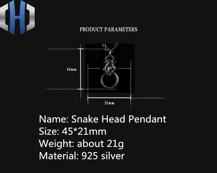 Original Design Handmade Silver Snake Head Pendant Personality 925 Silver Snake Pendant Wild Snake Pendant