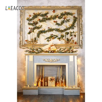 

Laeacco Fresco Frame Pine Branch Fireplace Candles Gift Photography Backdrops Photo Backgrounds Christmas Home Decor Photophone