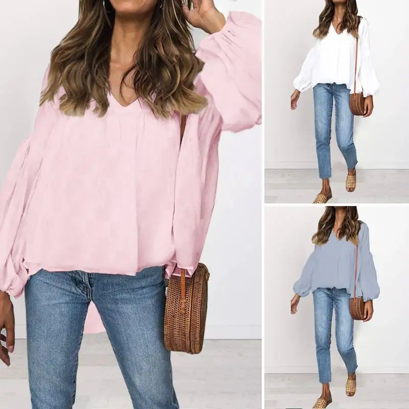 Women Fashion Lantern Sleeve Blouse Celmia Plus Size Solid Sexy V-Neck Pleated Shirt Casual Loose Top Elegant Asymmetrical Blusa