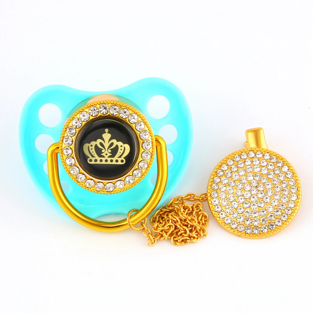 

Luxury Baby Bling Pacifier Rhinestone Blue Crystal Orthodontic Nipple Silicone Soother Crown Baby Dummy Pacifier Clip