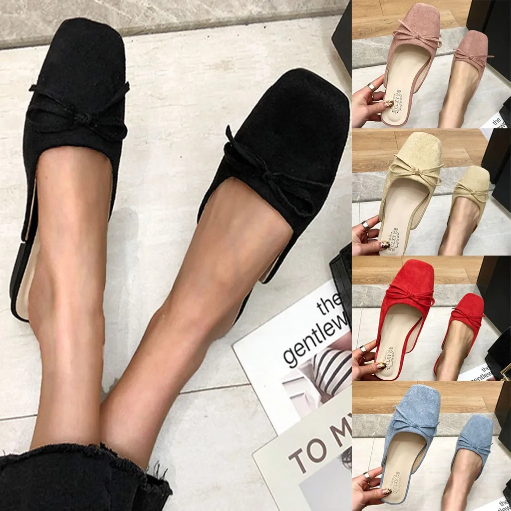 

2019 Spring Autumn New Ladies Shallow Mules Square Pumps Flock Female Daily Bow Knot Solid Color Sweet Shoes for Women