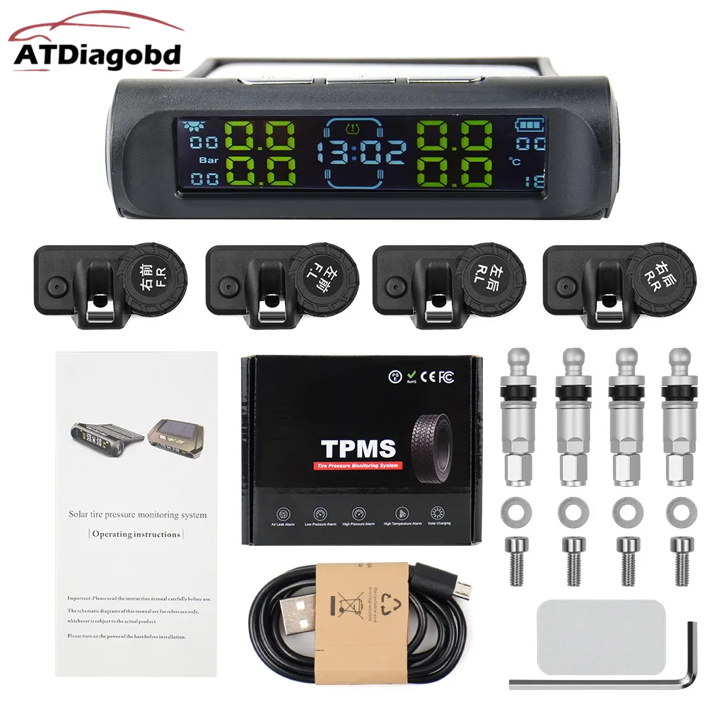 Universal TPMS Wireless Tire Pressure Monitoring System Solar Power Clock LCD Display 4 External Sensor Tire Pressure Sensors car tire pressure monitor car tire pressure sensor