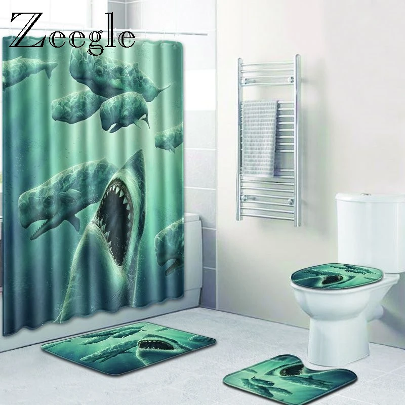 Zeegle Bathroom Mat Set with Shower Curtain Poyester Pedestal Rug Lid Toilet Cover Toilet U Type Mat Waterproof Shower Curtain