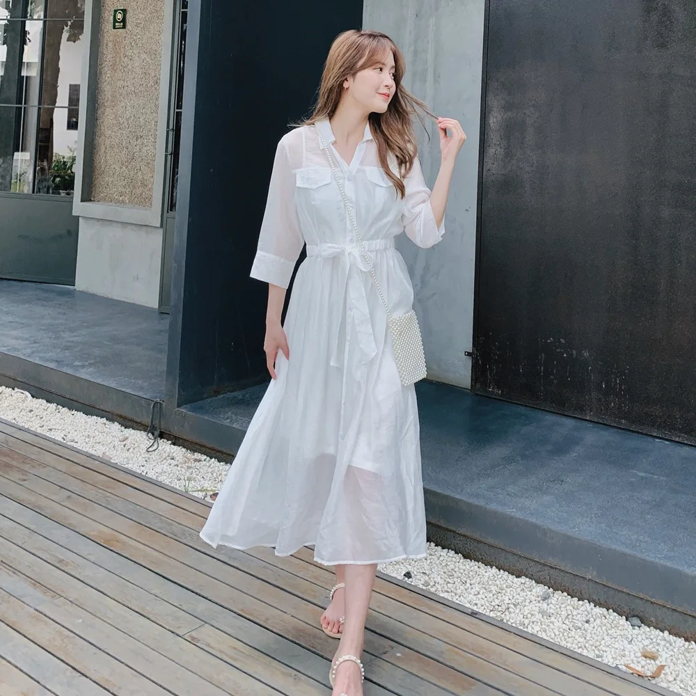 

France Non-mainstream Two-Piece Skirt 2019 Summer New Style French Retro Laziness-Style Waist Hugging Shirt Dress Women's