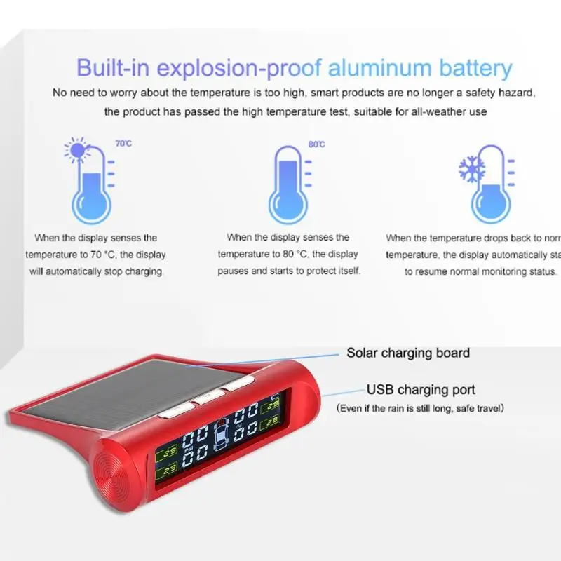 Салона автомобиля системы контроля давления в шинах шин Давление мониторинга Системы цифровой ЖК-дисплей Солнечный Мощность датчик давления для шин Авто охранной сигнализации Системы s красный