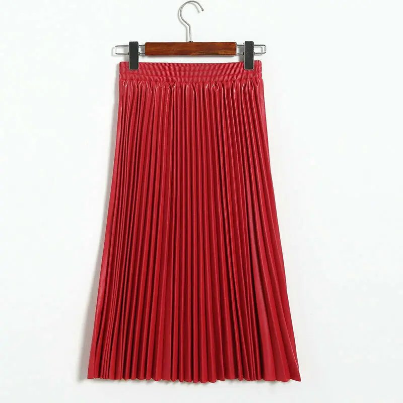Английский стиль, женские плиссированные юбки из искусственной кожи, плиссированные юбки для скейтеров, эластичная высокая талия, универсальная женская юбка, повседневная юбка макси - Цвет: Красный