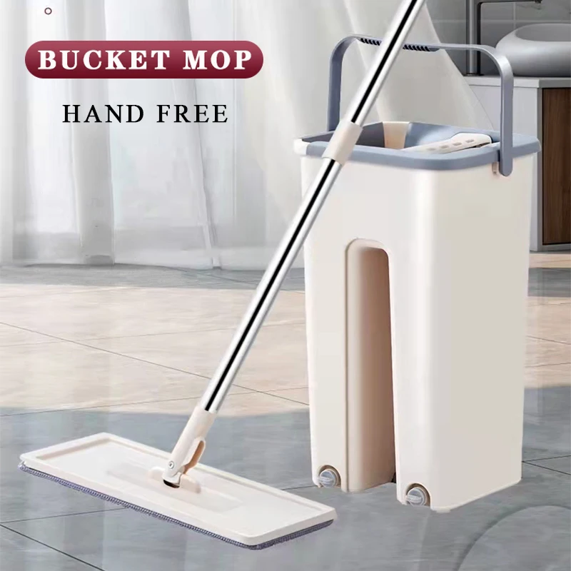 Squeeze Flat Mop With Bucket Lazy Hand Free Mops Magic Floor Home Household Cleaning Tools 6Pcs Replacement Microfiber Pads | Дом и сад