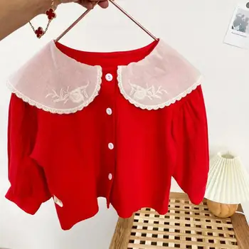 

Sweet Girls Blouse Long Sleeve Ribbed Cardigan Lace Patchwork Cute Girls Coat 2020 Autumn Clothes Kids Loose Tops