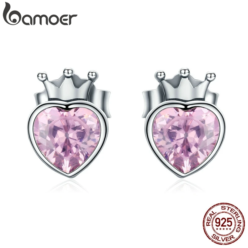 Женские серьги гвоздики из серебра 925 пробы с розовым сердцем|925 sterling|earrings heartheart