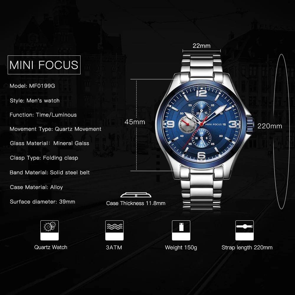 MINIFOCUS, мужские часы, Лидирующий бренд, деловые мужские часы, многофункциональные кварцевые часы, мужские водонепроницаемые часы из нержавеющей стали