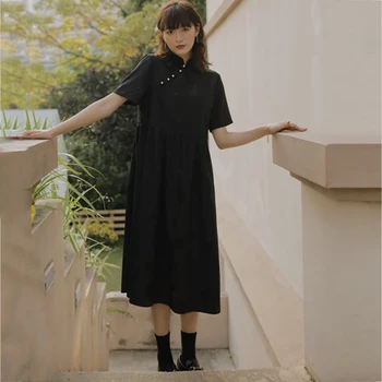 

LANMREM 2020 Spring Summer New Arrivals Stand Collar Short Sleeve Solid Pattern Women Vintage Loose Was Thin Dress AW56201S