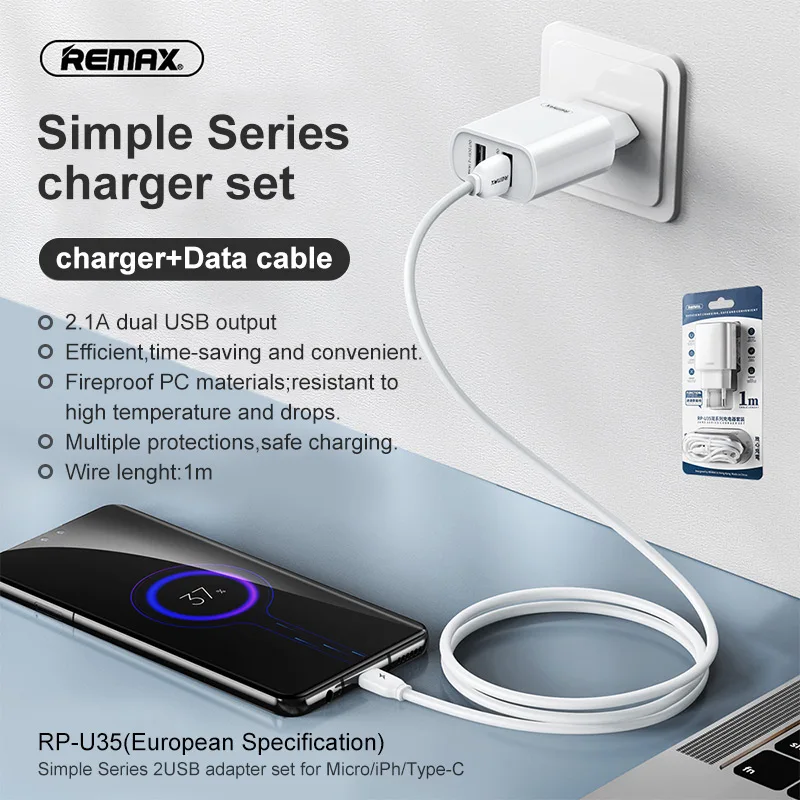 Remax USB Phone Charger 2 Ports Adapter Set 1M Lightning Cable for iPhone 11 12 13 Pro Samsung Xiaomi Micro Type-C Cord EU Plug 12 v usb