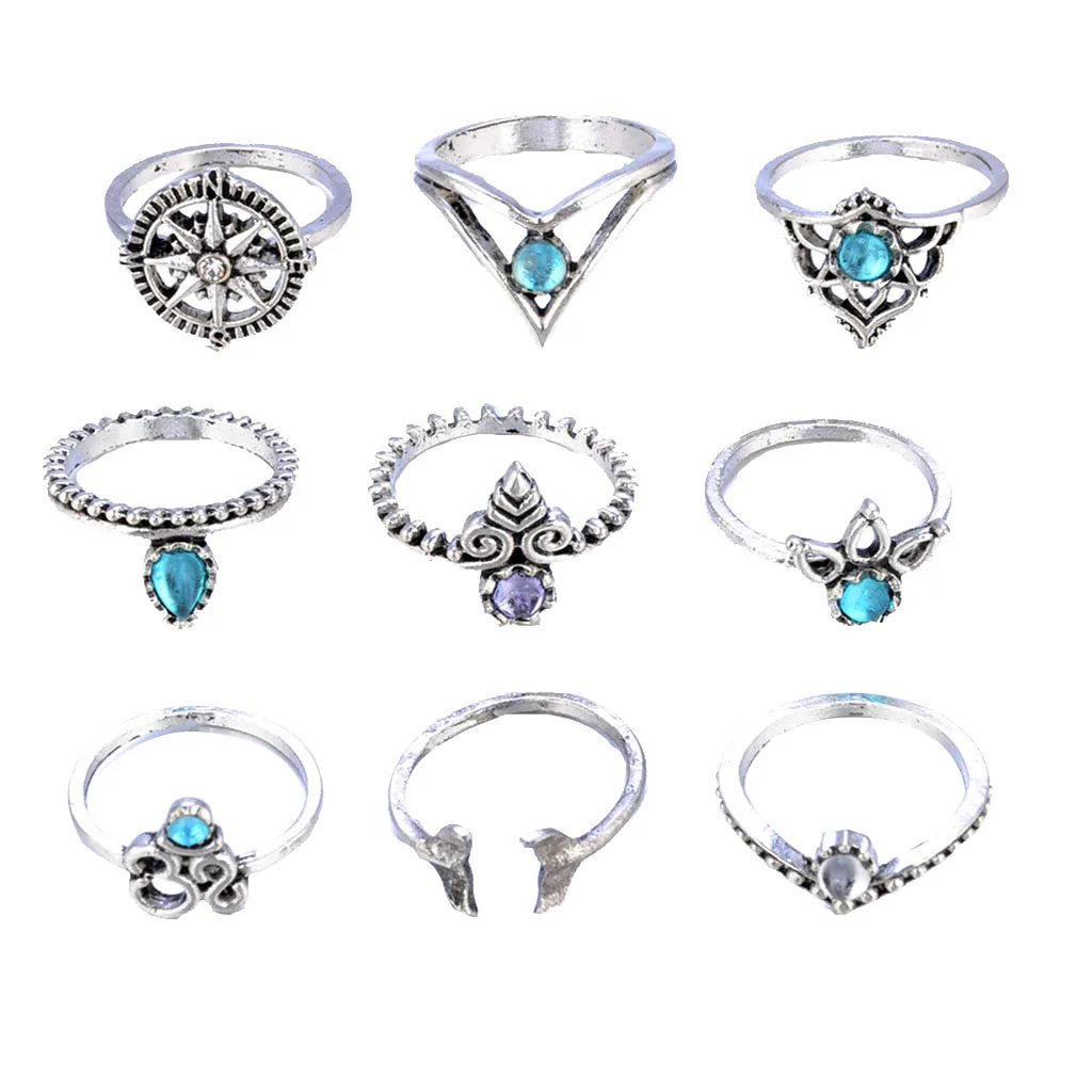 9pcs Vintage Women Rings Tribal Ethnic Hippie Crystal Joint Ring Set