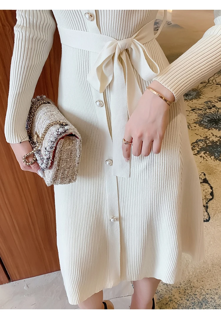 2020 single breasted lace autumn dress Elegant Korean version of women's knitted dress simple stretch work office