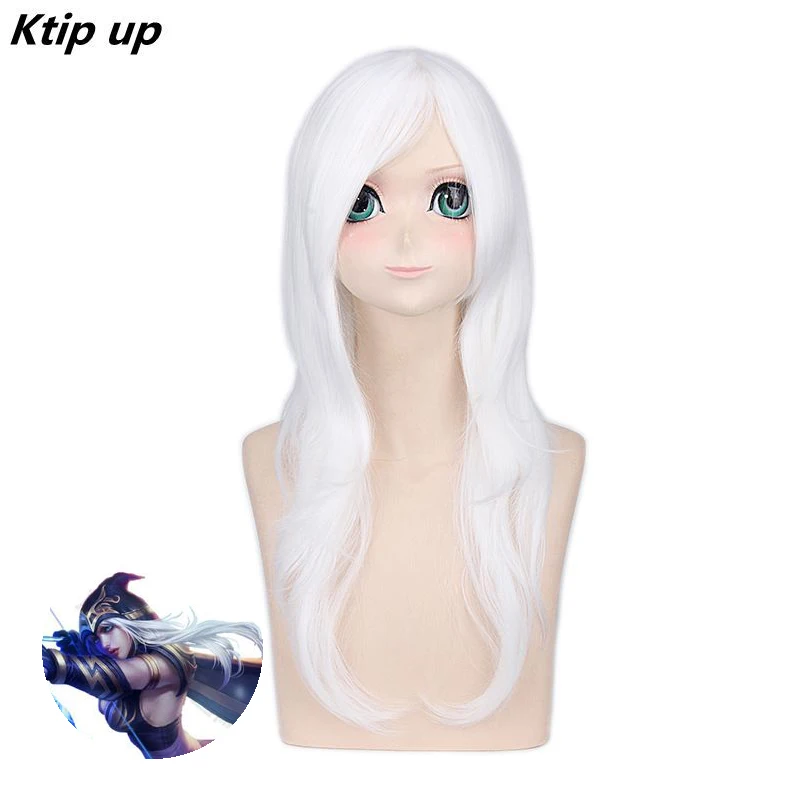 

Ktip Up League of Legends Ashe LOL 65cm White Curly Long Cosplay Wigs High Temperature Fiber Synthetic Hair Party Wigs