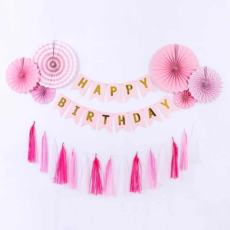 

Happy birthday Pink Gold Foiled Bunting Flag Garland Paper Fans for DIY Happy Birthday Decoration