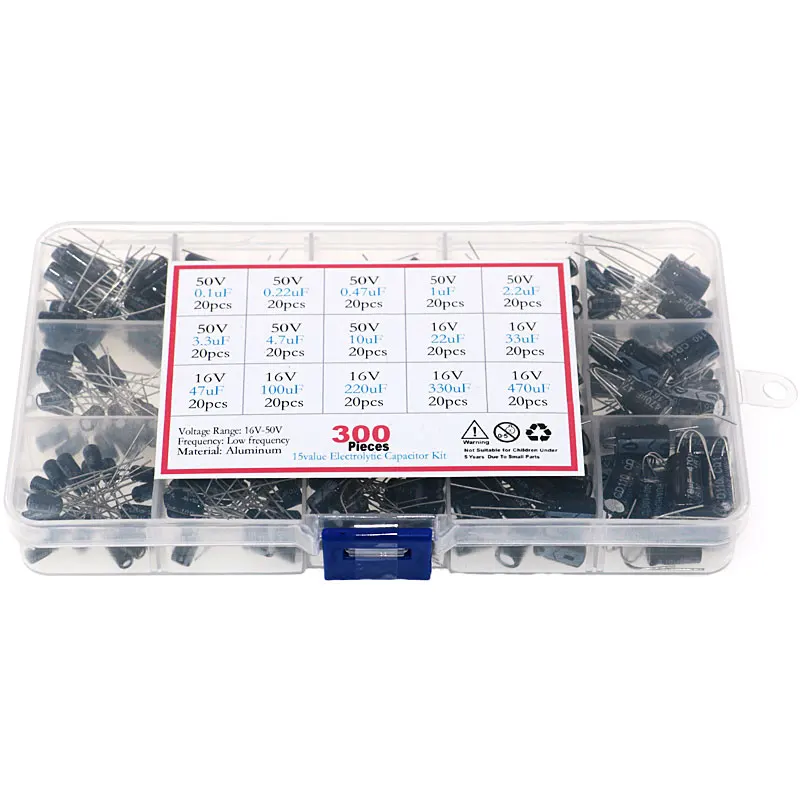 300pcs 15 Values 0.1uF-470uF Mix Electrolytic Capacitor Kit With Storage Box | Электронные компоненты и