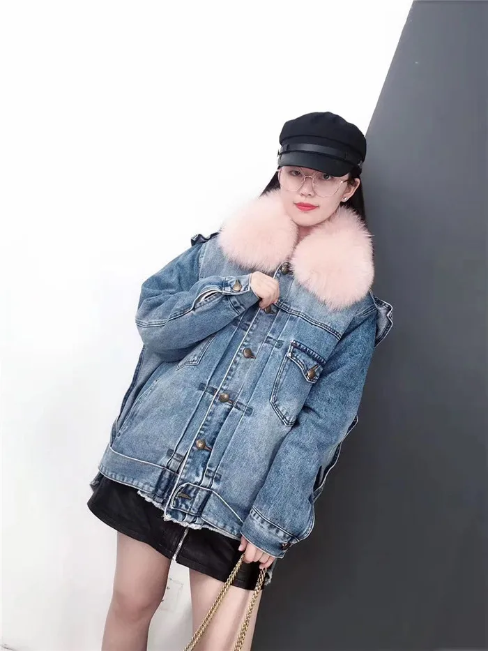 real fur coat Winter Jacket Women Coat Real fox Fur lined denim jacket Parka back letter print