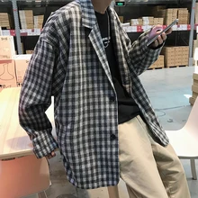 Новинка Осень, тонкий клетчатый костюм с длинными рукавами и принтом, свободный и универсальный, Повседневный, с отворотом, модная, индивидуальная, Молодежная, мужская одежда