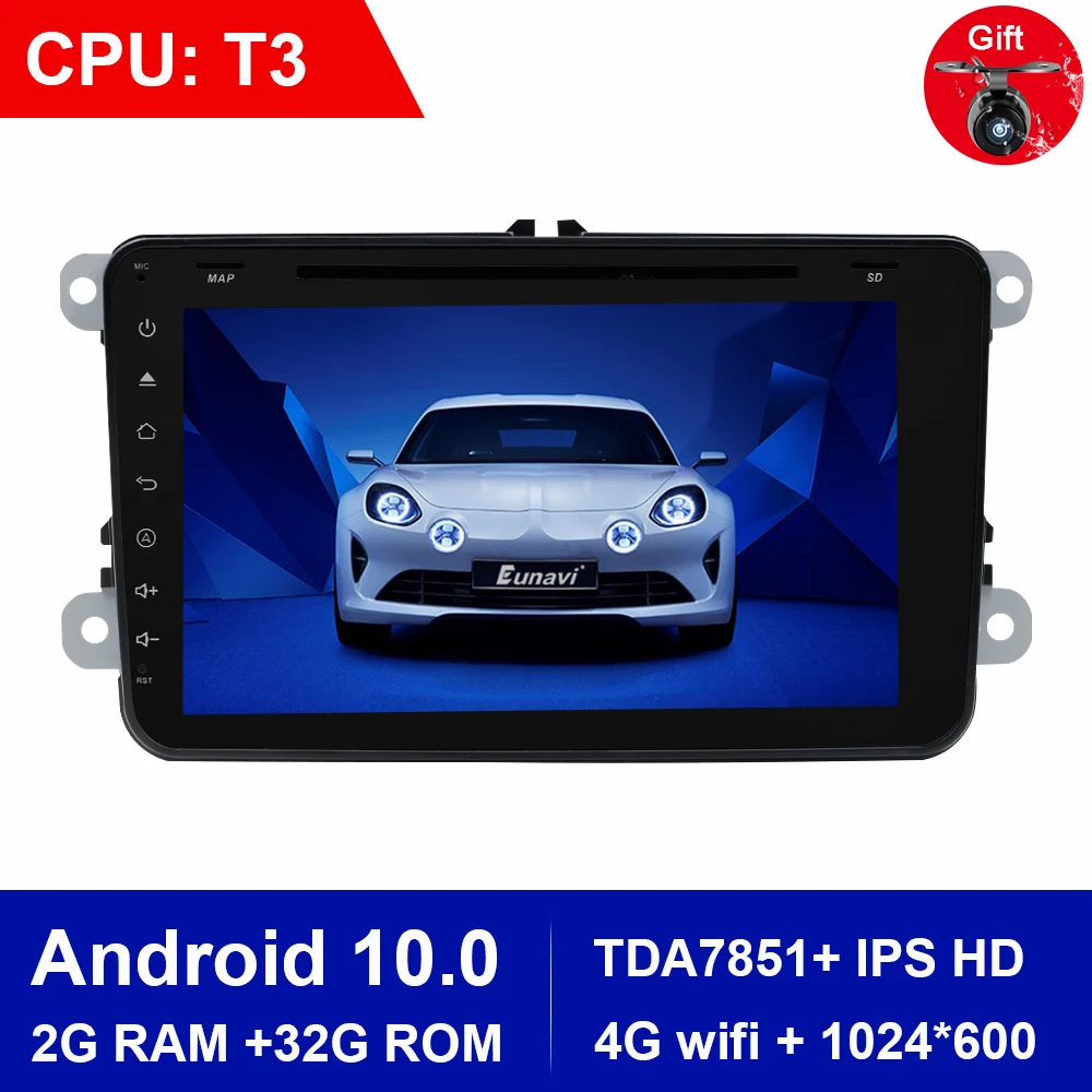 Автомобильный DVD плеер Eunavi 2 Din 8 дюймов Android 10 0 для VW JETTA GOLF MK5 MK6 GTI PASSAT B6 POLO SKODA Fabia GPS