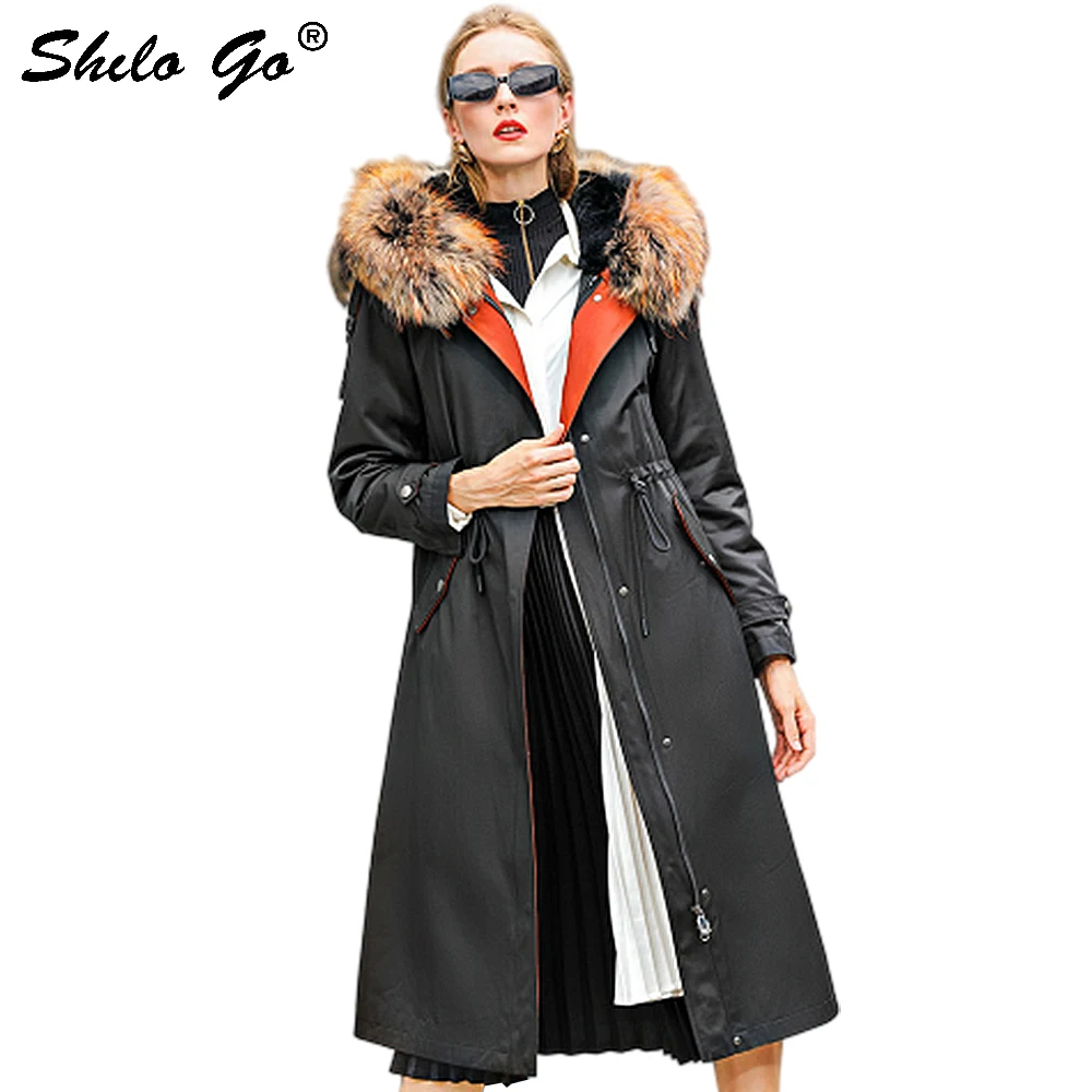

Fur Coat Plus Size Real Raccoon Collar Hooded Drawstring Waist Thick Warm Rabbit Fur Lining Fur X-Long Coat Women Winter Outwear