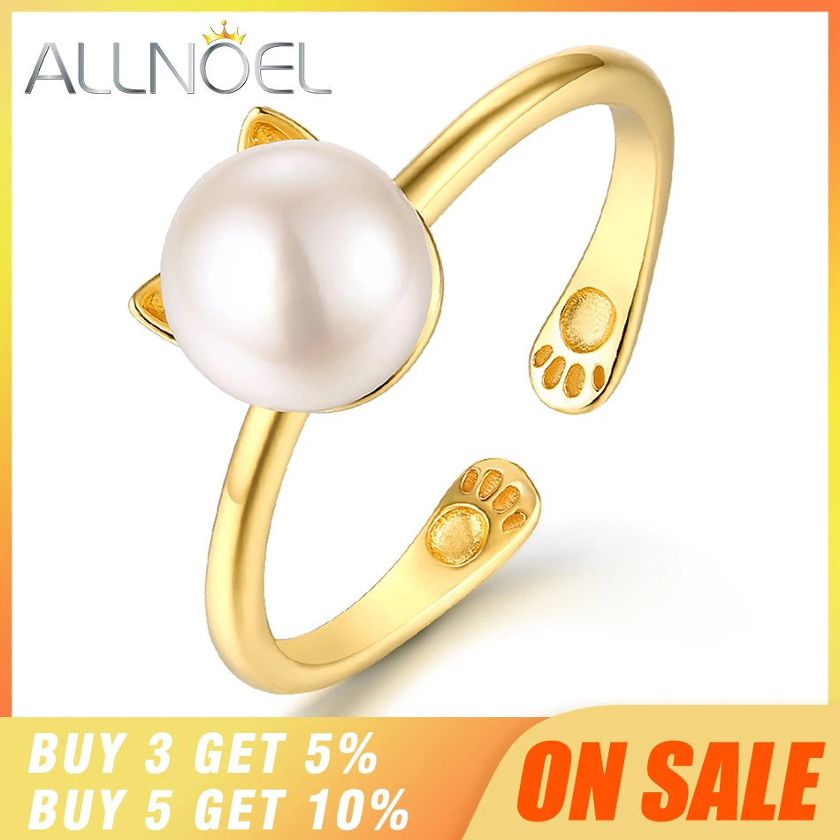 ALLNOEL, кольца с настоящим жемчугом для женщин, S925 драгоценные камни, ювелирное изделие, обручальное кольцо, Стерлинговое Серебро, прекрасный кот, Пресноводный Жемчуг, кольцо, подарок