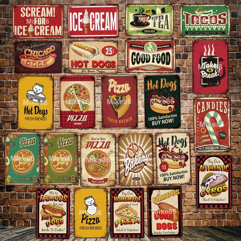 

[ Mike86 ] TEA ICE CREAM PIZZA TACOS HOT DOG Metal Sign Retro Iron Painting Restaurant Mexico Food Poster Art 20*30 CM LT-1900