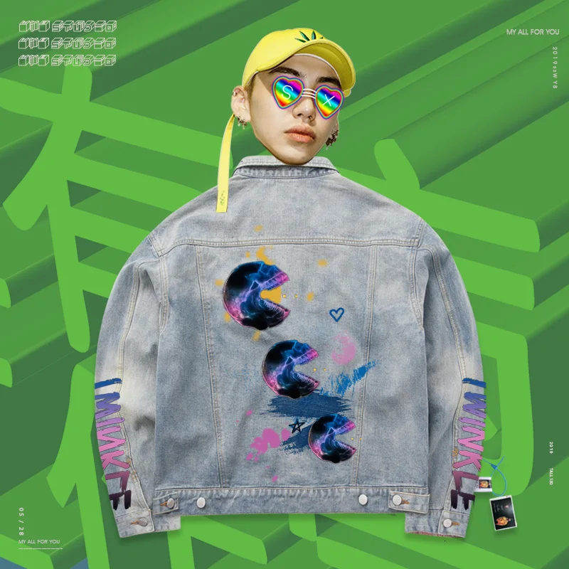 Бомба пальто оверсайз пальто с длинным рукавом High Street Eat Peas Splash paint Tie Dye Ретро Повседневная джинсовая куртка для пары крутая Мужская - Цвет: Sea salt blue