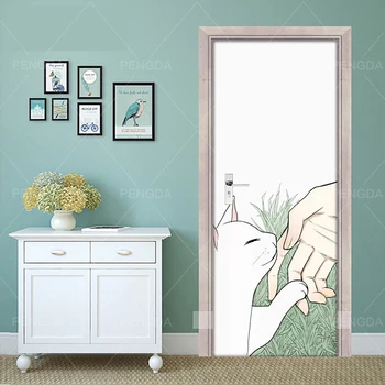 

Print 3D Door Self Adhesive Decal Cat Grass Picture Poster Diy Home Decoration Paper For Living Room Waterproof Sticker Artwork