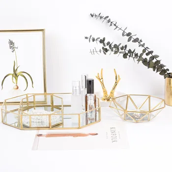

Northern Europe INS Glass Retro Storage Tray Gold Polygon Mirror Tray Brass Desktop Dining Tray