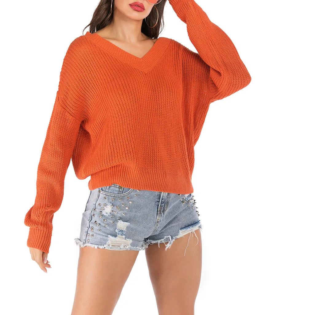 Осенний оранжевый яркий вязаный свитер женский соблазнительный пуловер однотонный пуловер длинный рукав v-образный вырез сзади на шнуровке Топы дамские свитера# Y3