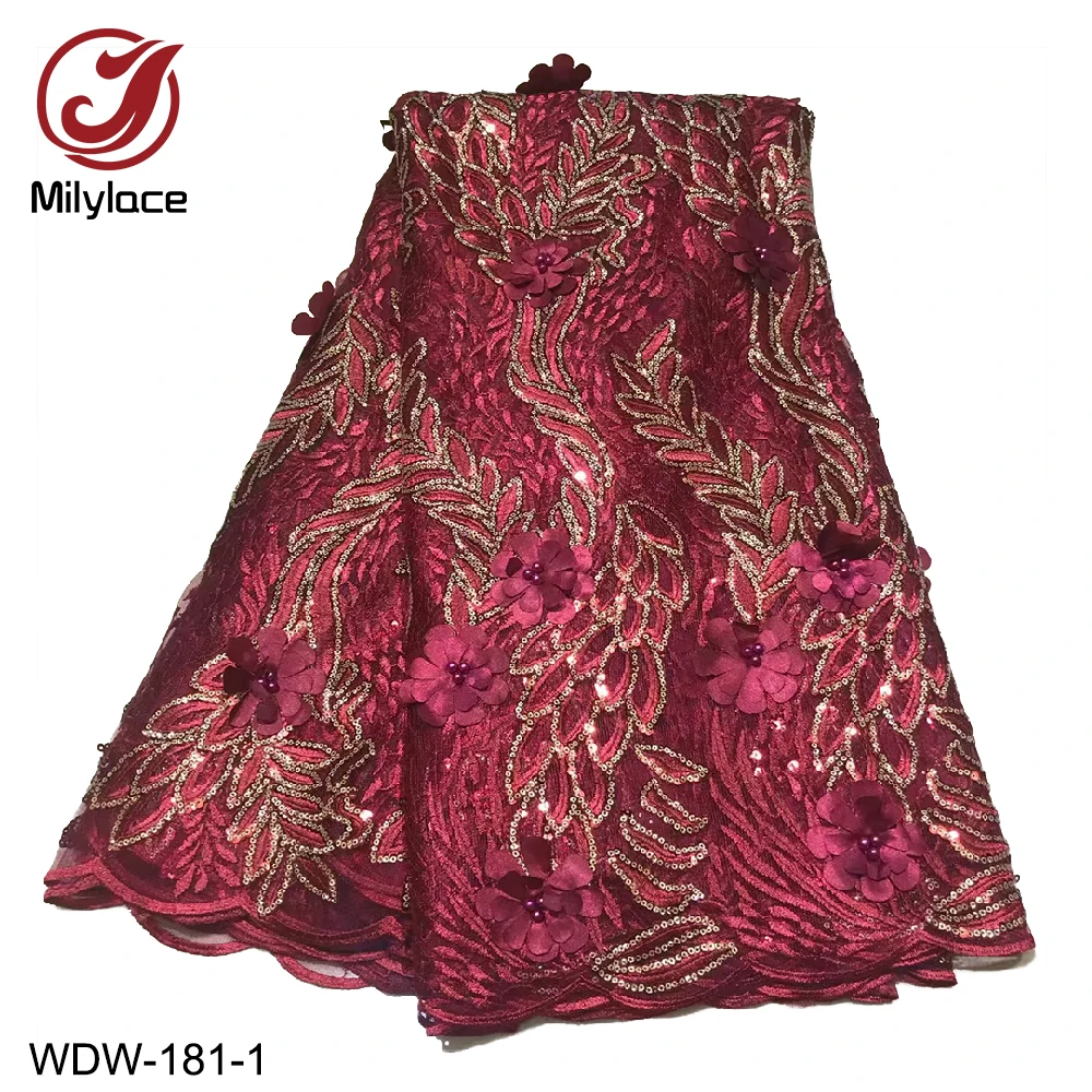 

New French Embroidery Fabric Lace with Sequined Romantic African Net Lace 3D Flower Appliques for Wedding WDW-181