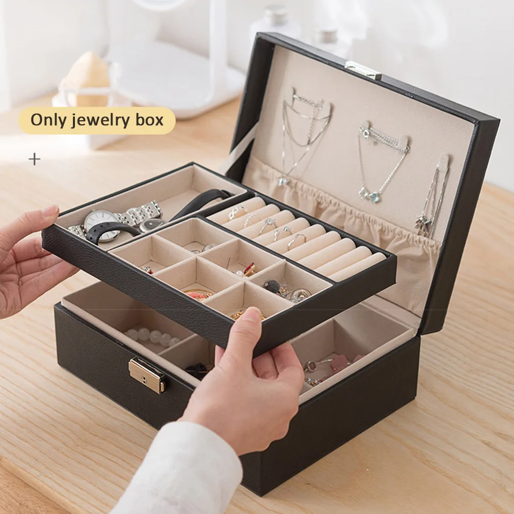

Large Capacity 2 Layers Necklace Ring Storage Organizer PU Leather Display Tray Safety Lock Home Travel Portable Jewelry Box