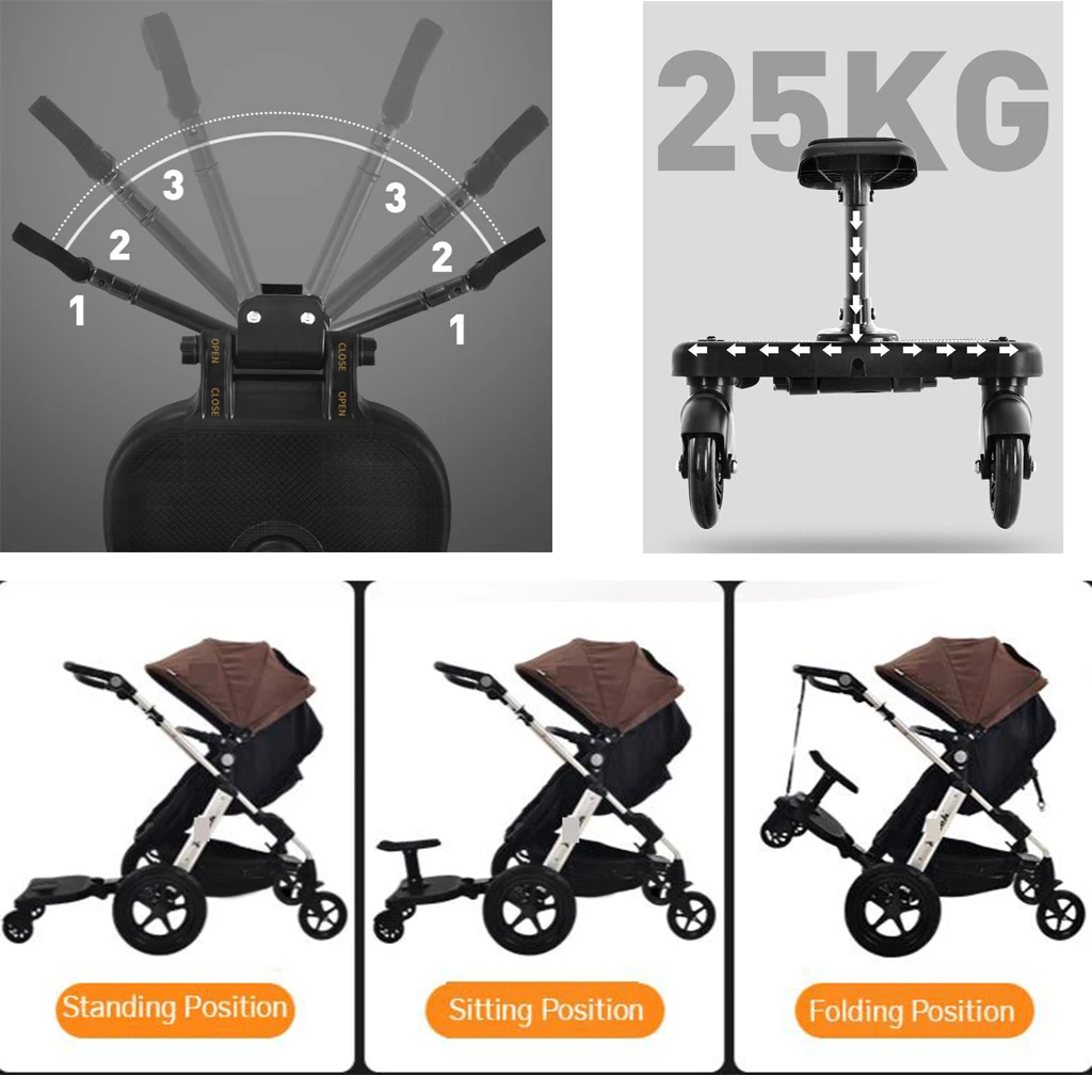 Stroller Glider Board, Baby Jogger Wheeled Board with Dismountable Sponge Seat, Holds Kids Up to 55 LBS