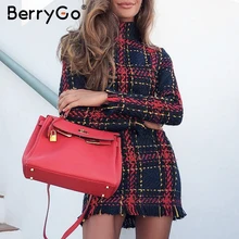 BerryGo, элегантное, офисное, женское, клетчатое, зимнее платье,, длинный рукав, стоячий воротник, толстое, теплое, с кисточками, платье, модное, тонкое, женское, vestido