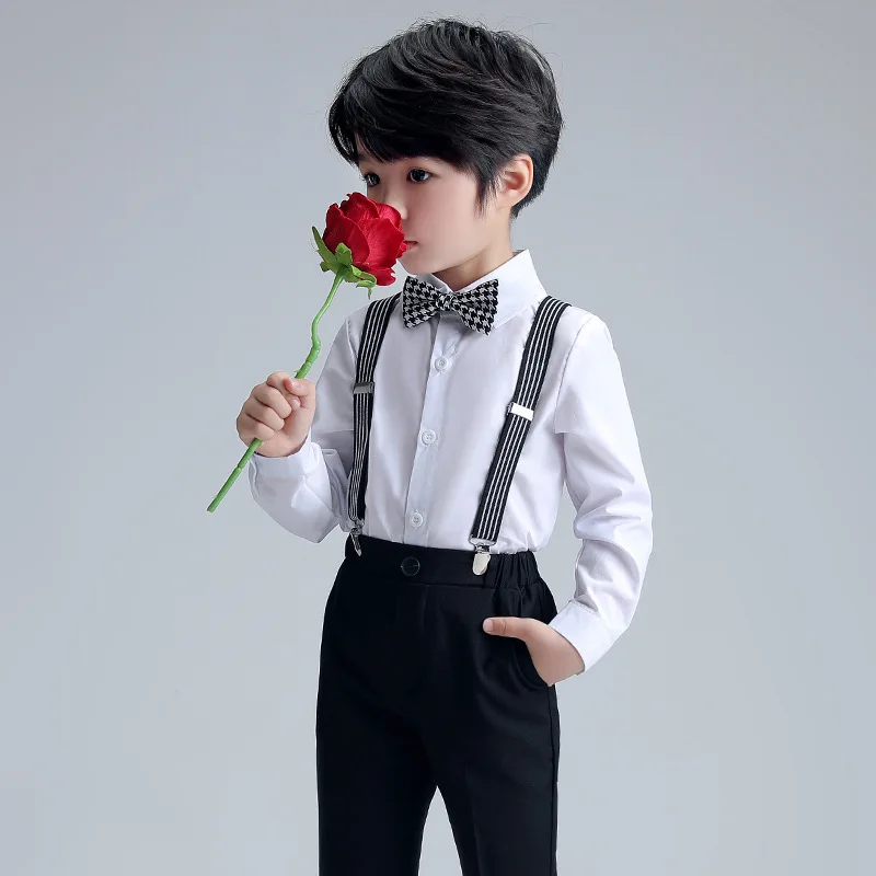 Conjunto de para niños, traje de graduación, vestido de cumpleaños, camiseta coreana, tirantes, pantalones pajarita, 4 Uds.|set de AliExpress