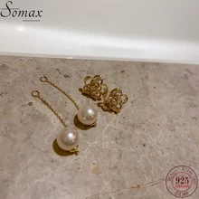 Pendientes de plata de ley 925 con perla extraíble y borla chapada en oro de 14K para mujer, aretes de tuerca, estilo Retro, accesorios de joyería