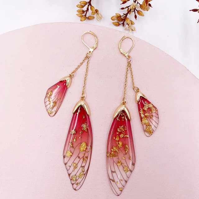 Fairy Resin Butterfly Earrings for Women Shining Crystal Flake Double Wing Long Drop Earrings Ladies Wedding Party Jewelry 2020 GF-Red