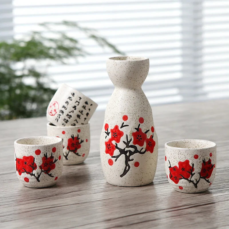 Vintage Ceramic Sake Pot Cups Set Characters PJapanese Cuisine Sake Bottle Spirit Pot Set with Cups Ceramic Sake Set