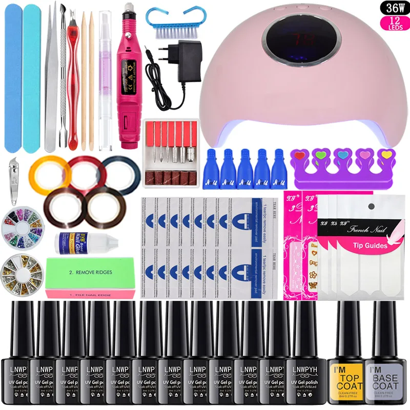 

Set of Nail Polish 36W UV LED Lamp Light with Color Gel8/10/12 Nail Polish Kit Manicure Tool Kit one set No Gel Nail Polish set