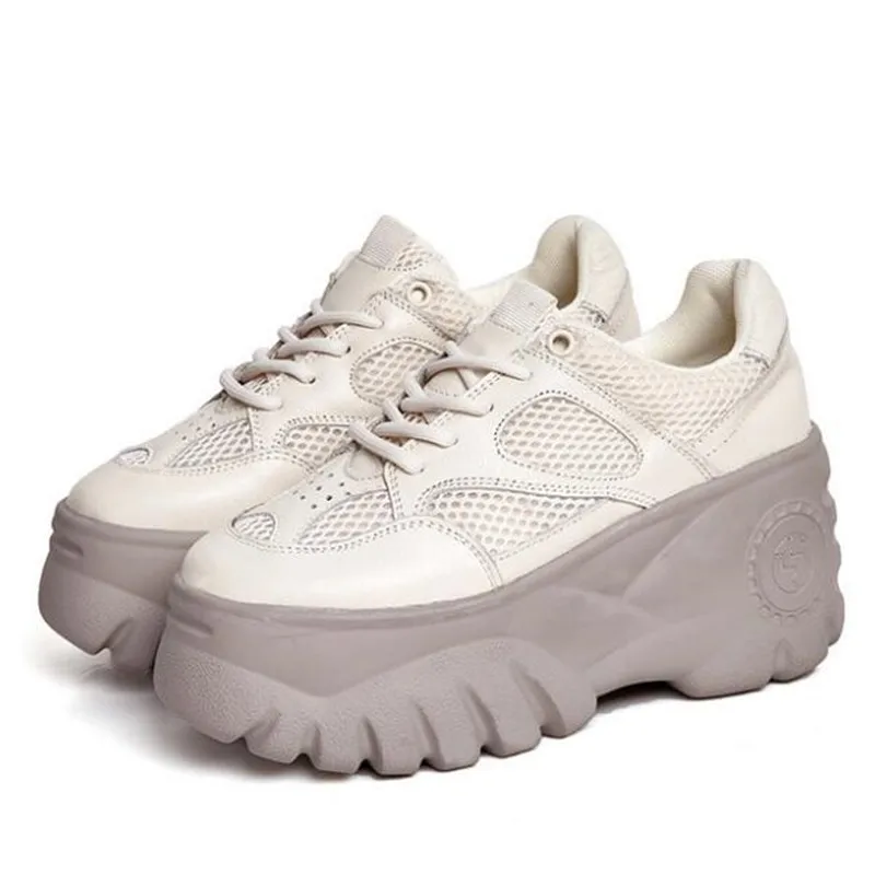 

2022 Cowhide Mesh Thick Bottom Heightening Shoes Autumn Women High Heel Shoes Plus Velvet Warm Winter Shoes Platform High Heels