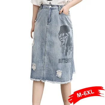

Women Street Wear Beauty Print Midi Long Skirts 4XL 5XL 150KG Summer Ripped Holes Fringe Tassels Hem Split Jeans Skirt