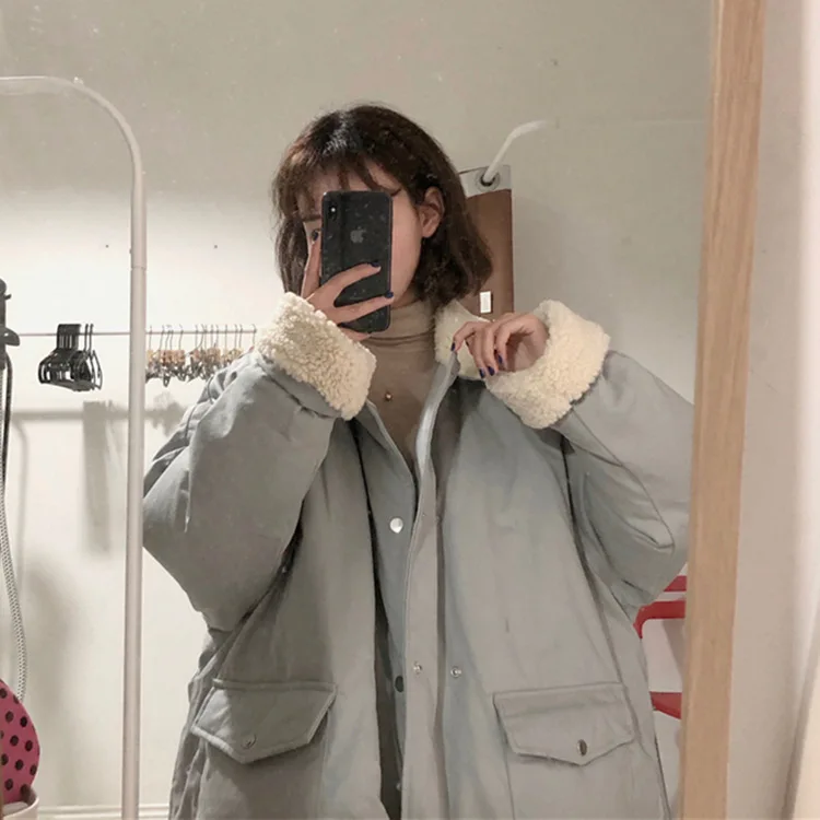 

South Korea Dongdaemun Lambs Wool Cotton Coat Women's 2019 Winter New Style Women's Korean-style Loose-Fit BF Thick Cotton yi in