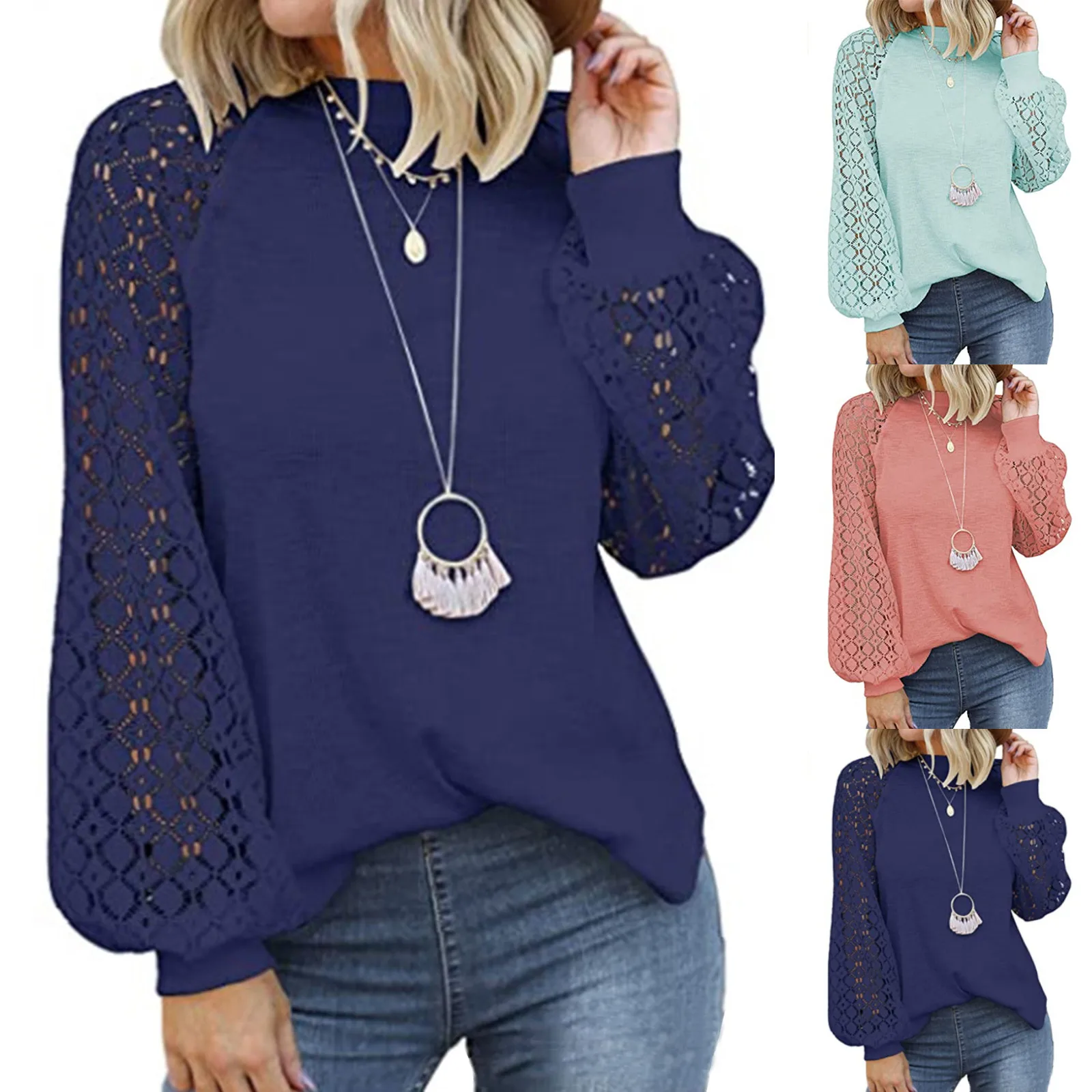Women Winter Solid Color Round Neck Long-sleeved Lace Stitching Hollow Loose Fashion Top Casual Daily Mangas Largas De Mujer 2