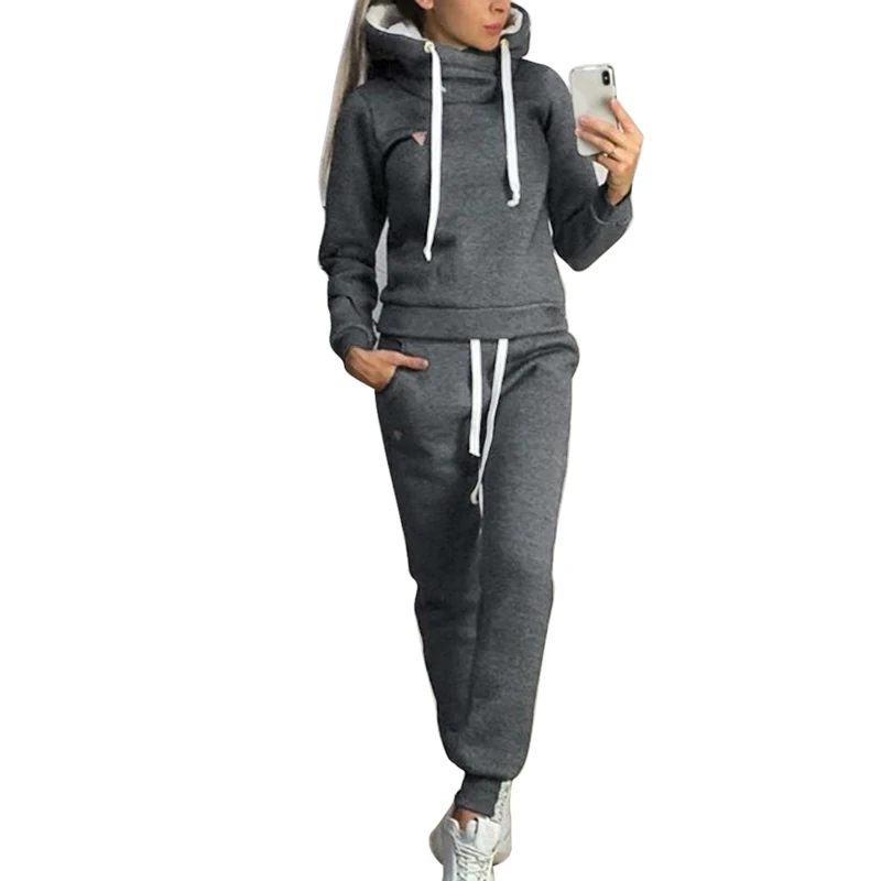 Loozykit, зимние женские комплекты из двух предметов, спортивный костюм для бега, повседневный флисовый теплый худи с капюшоном, тренировочные штаны, женский спортивный костюм, комплекты из 2 предметов - Цвет: black