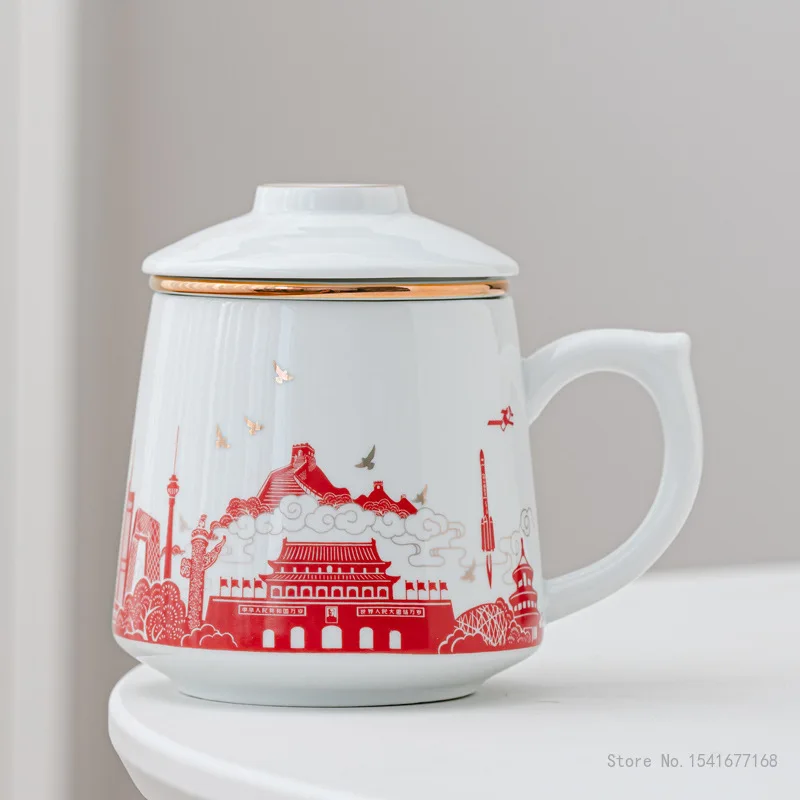 

Chinese style great wall landscape creative ceramic tea cup tea separation with filter tea cup with lid office household mug