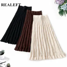 REALEFT новинка осень зима Женская Повседневная плиссированная юбка миди с высокой талией теплая трикотажная трапециевидная элегантная женская Юбка До Колена