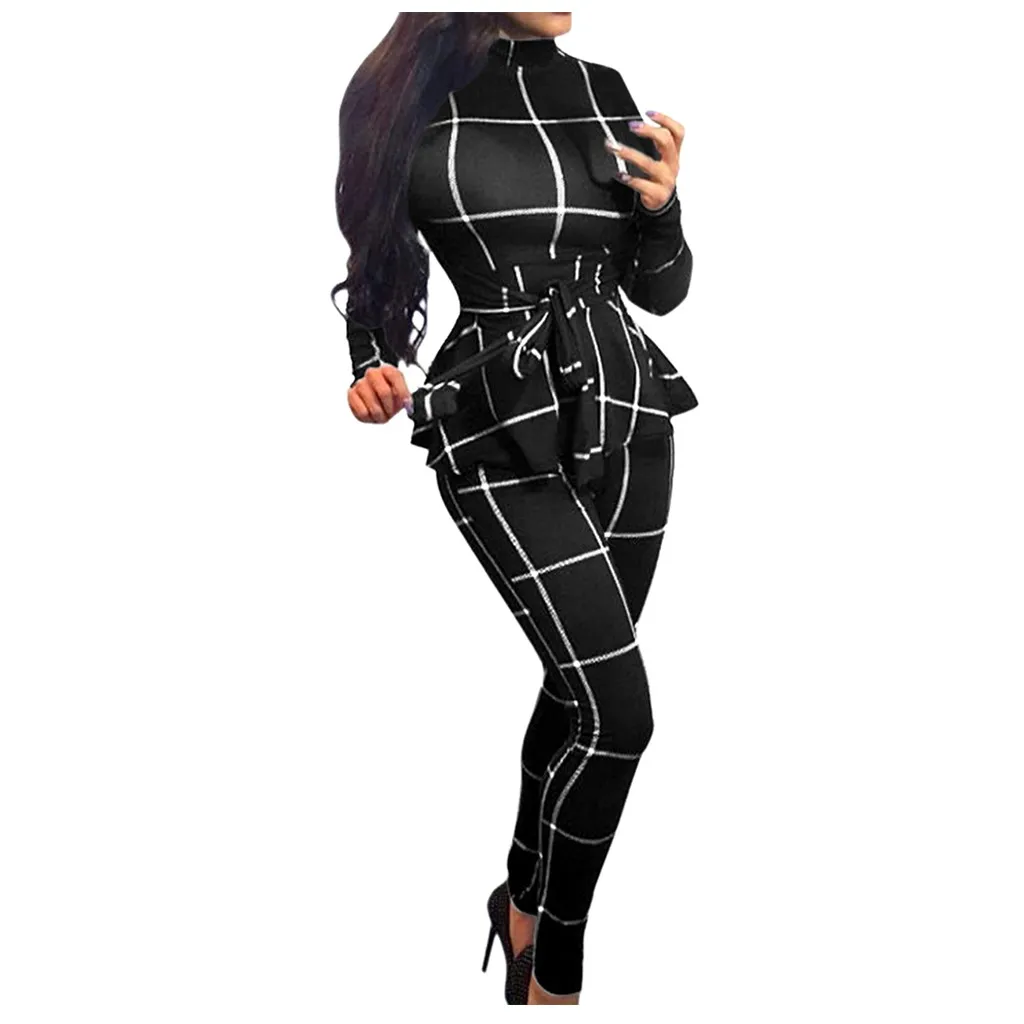 Black Jumpsuit Женский комбинезон, клетчатый, с принтом, на молнии, бандажный, длинный рукав, высокая горловина, комбинезон, enterizos para mujer largos, элегантный# XB20 - Цвет: Black Jumpsuit